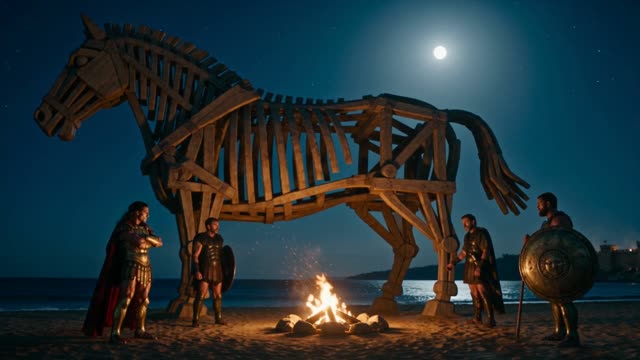 The Trojan Horse - Odysseus unveils his stratagem to Achilles, Ajax, Menelaus and Agamemnon beside the half-built horse. Cinematic AI video, five consistent characters, one prompt, made on JOVON. #aivideo #trojanhorse #aifilm #seedance — AI video by jovon